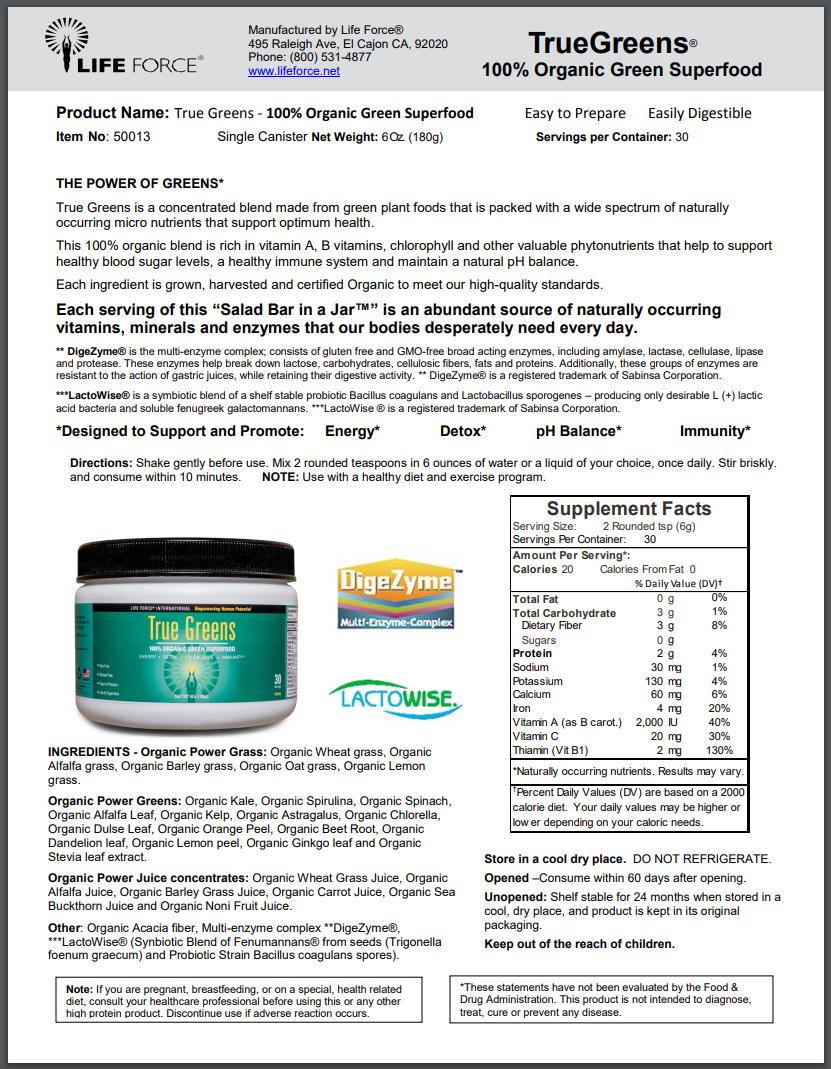 True Greens Product Facts